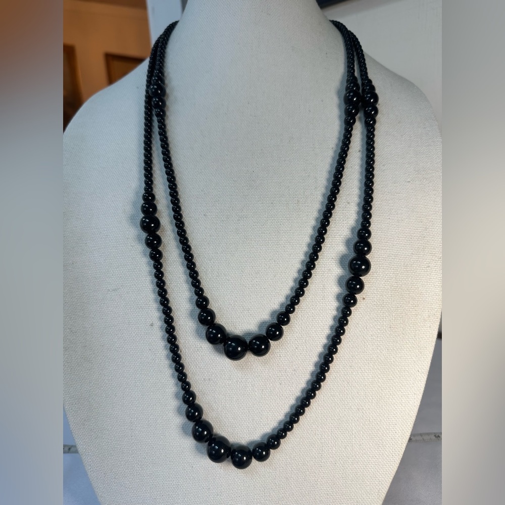 Long double strand black bead necklace
